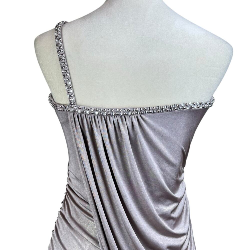 Laundry by Shelli Segal Metallic Taupe Rhinestone One Shoulder Ruched Mini Dress - Picture 6 of 11